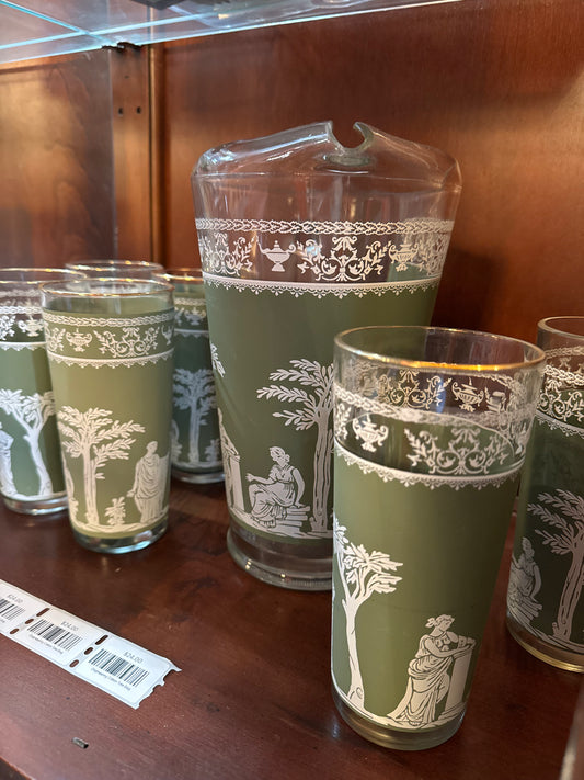 Vintage Hellenic Green Wedgewood 6 glasses and pitcher set
